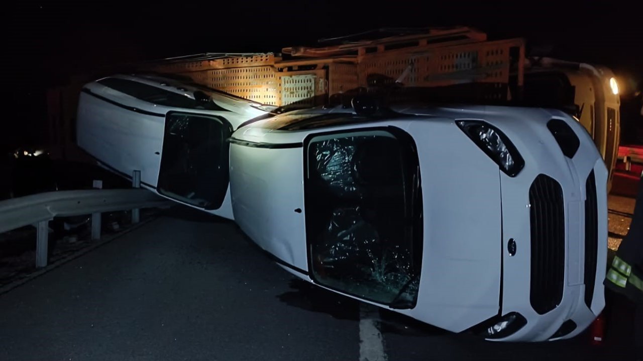 Sıfır kilometre araçları taşıyan TIR devrildi