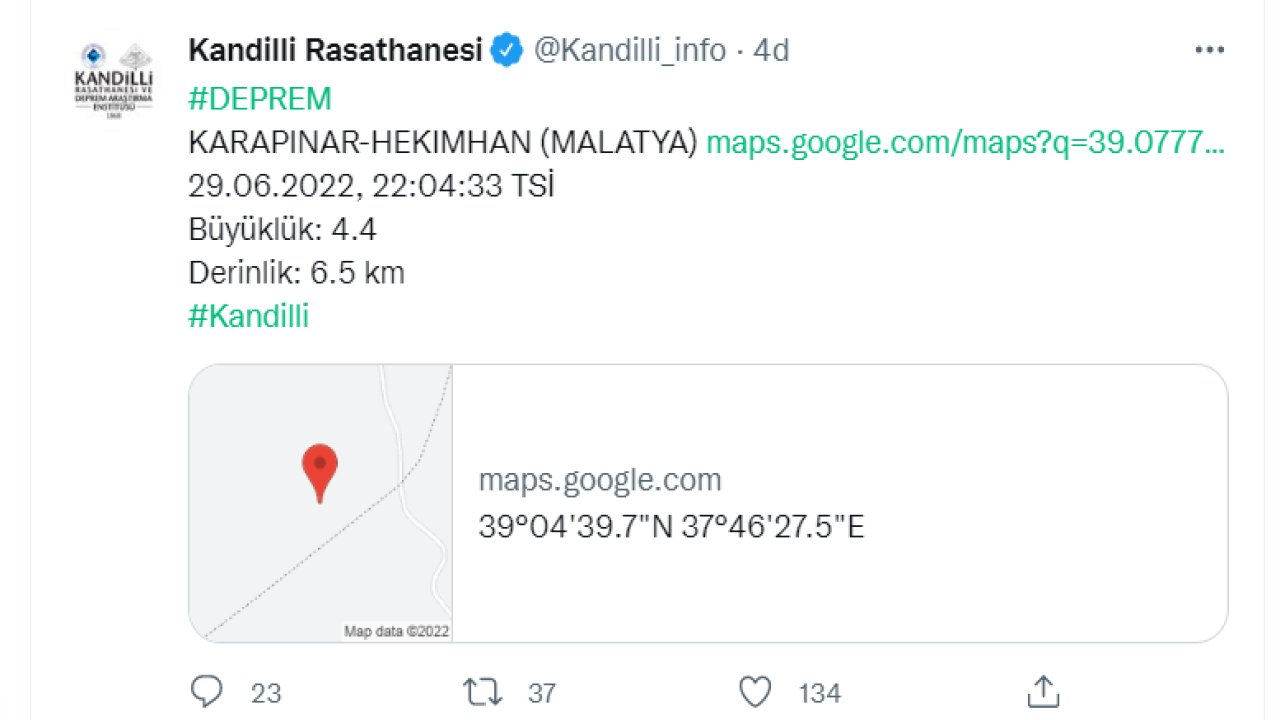 Malatya'da 4.4 büyüklüğünde deprem