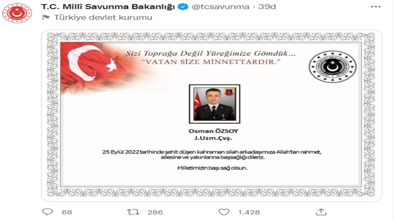Milli Savunma Bakanlığı: Jandarma Uzman Çavuş Osman Özsoy şehit oldu