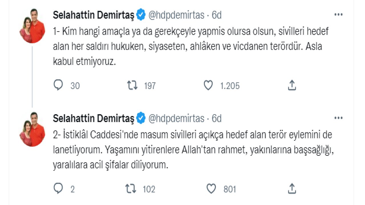 Demirtaş: İstiklâl Caddesi'nde masum sivilleri açıkça hedef alan terör eylemini de lanetliyorum