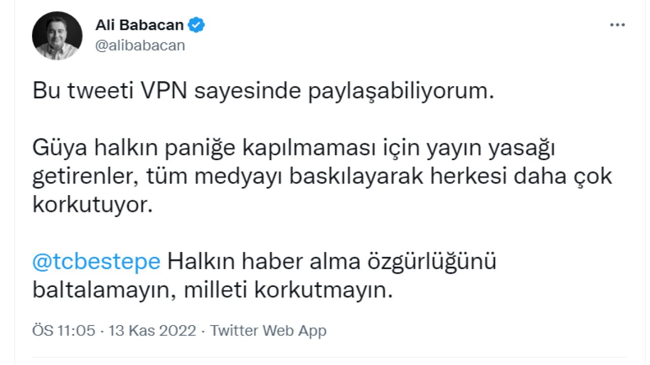 Babacan, internet engeline tepki gösterdi: Bu tweeti VPN sayesinde paylaşabiliyorum