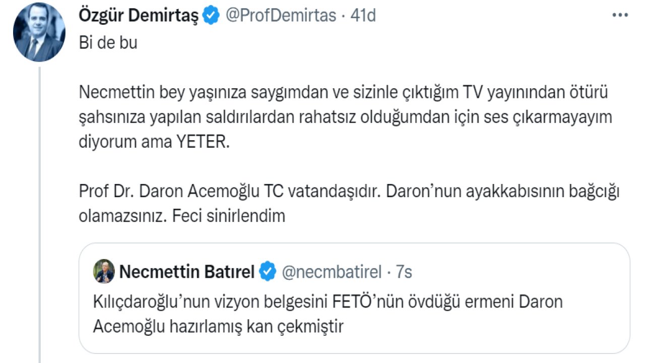 Özgür Demirtaş'tan 'Şakkadanak Necmettin Batırel'in ırkçı yorumuna sert tepki: Acemoğlu'nun ayakkabısındaki ba