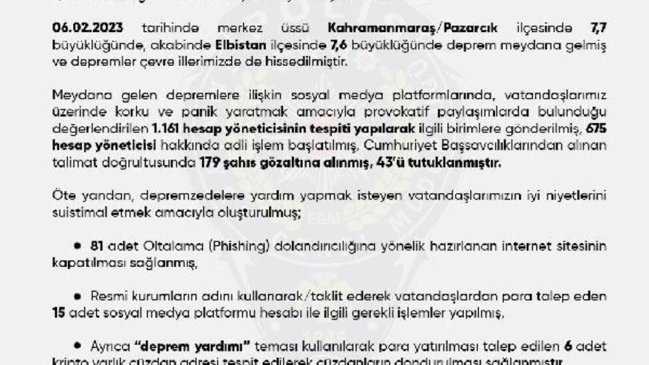 EGM: Depreme ilişkin provokatif paylaşımlarda bulunan 43 kişi tutuklandı