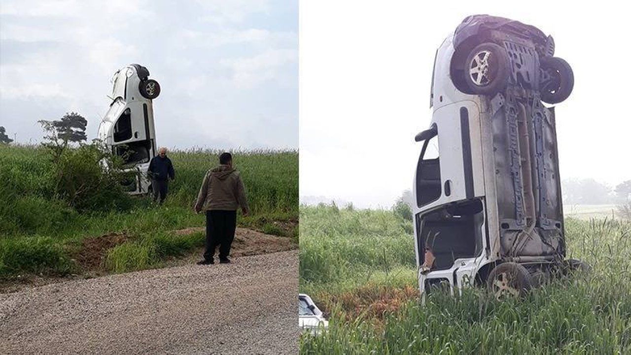 Takla atan araç dik durdu!