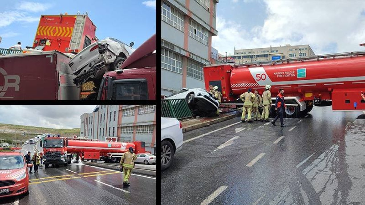İkitelli'deki yangına müdahaleye gelen su tankeri otomobile çarptı, cadde trafiğe kapatıldı
