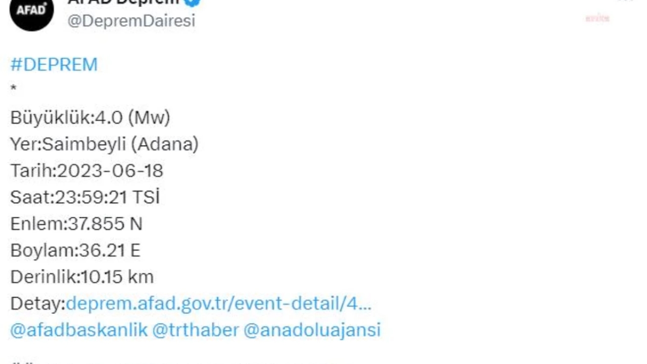 Adana'nın Saimbeyli İlçesinde 4 Büyüklüğünde Deprem