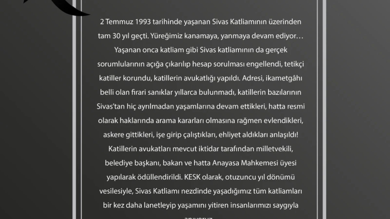 KESK: Sivas Katliamı'nın 30. yılında hesap sorulmadı