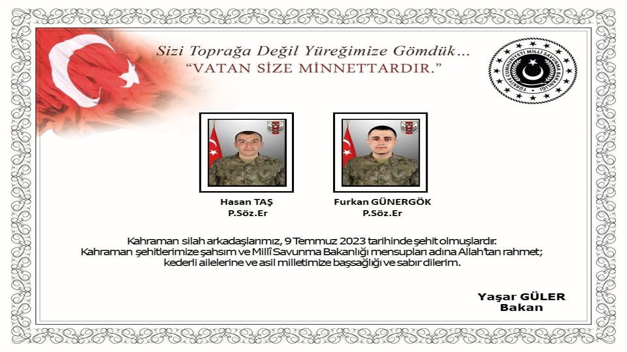 Milli Savunma Bakanlığı: Pençe- Şimşek Harekatı bölgesinde iki asker şehit oldu