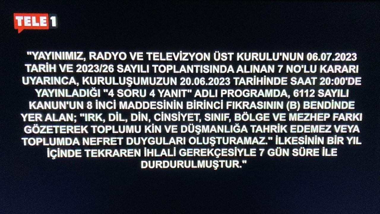 Tele 1 TV'ye verilen yayın durdurma cezası başladı