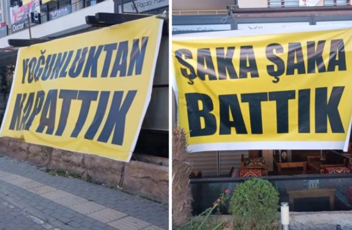 İflasını pankartla duyurdu: Yoğunluktan kapattık, şaka şaka battık