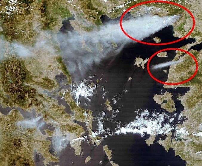 Çanakkale ve Yunanistan'daki yangınlar uydudan böyle göründü