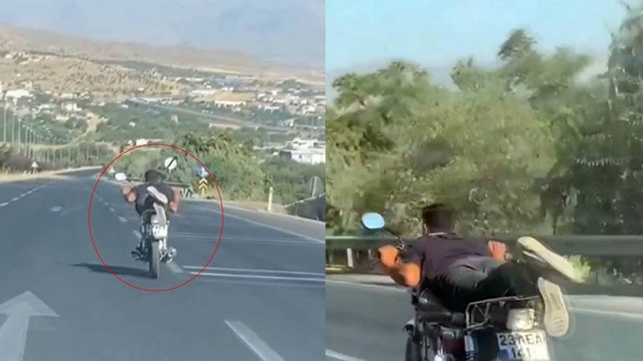 Trafikte tehlikeli anlar: Motosikleti yüzüstü uzanarak kullandı!