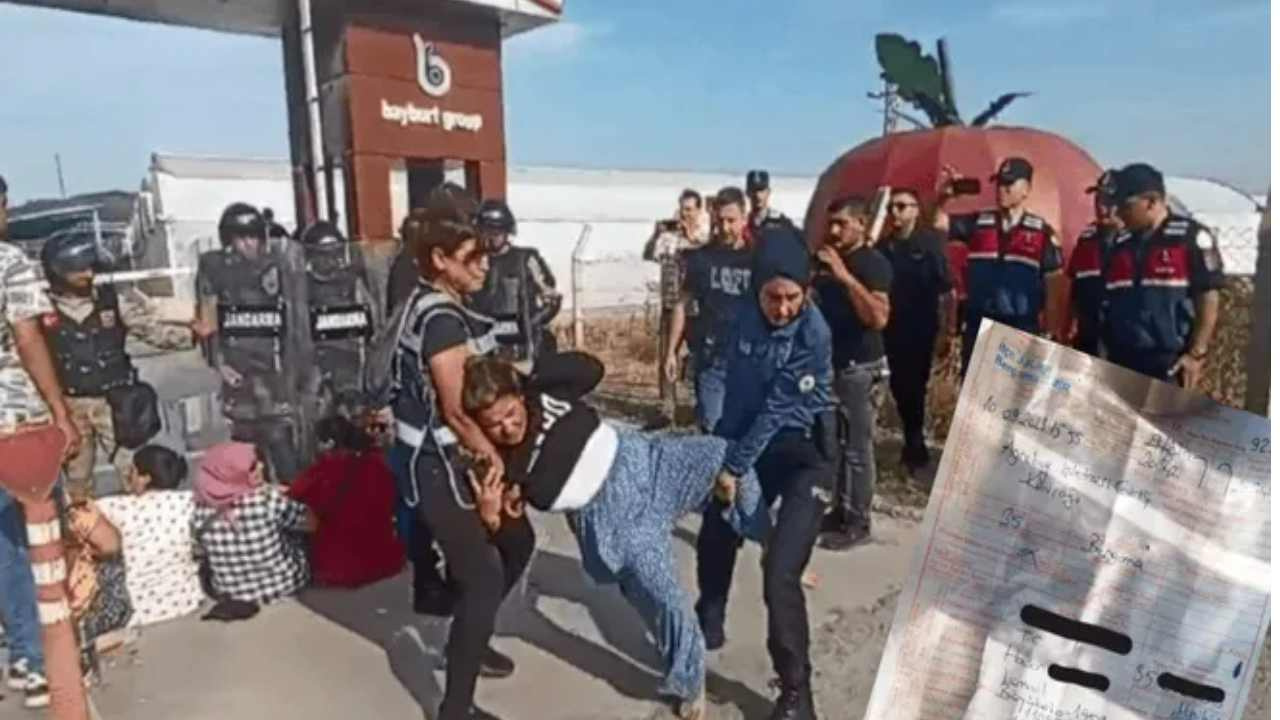 AGROBAY'DA DİRENEN İŞÇİLERİ Dün 20 kişiyi gözaltına alan Jandarma bugün de işçileri taşıyan minibüse ceza kest