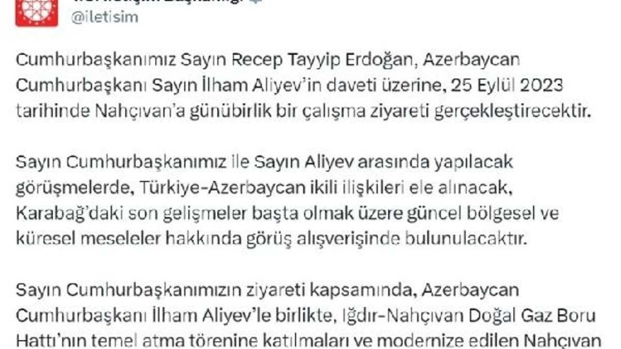 Cumhurbaşkanı Erdoğan, Nahçıvan'a gidiyor