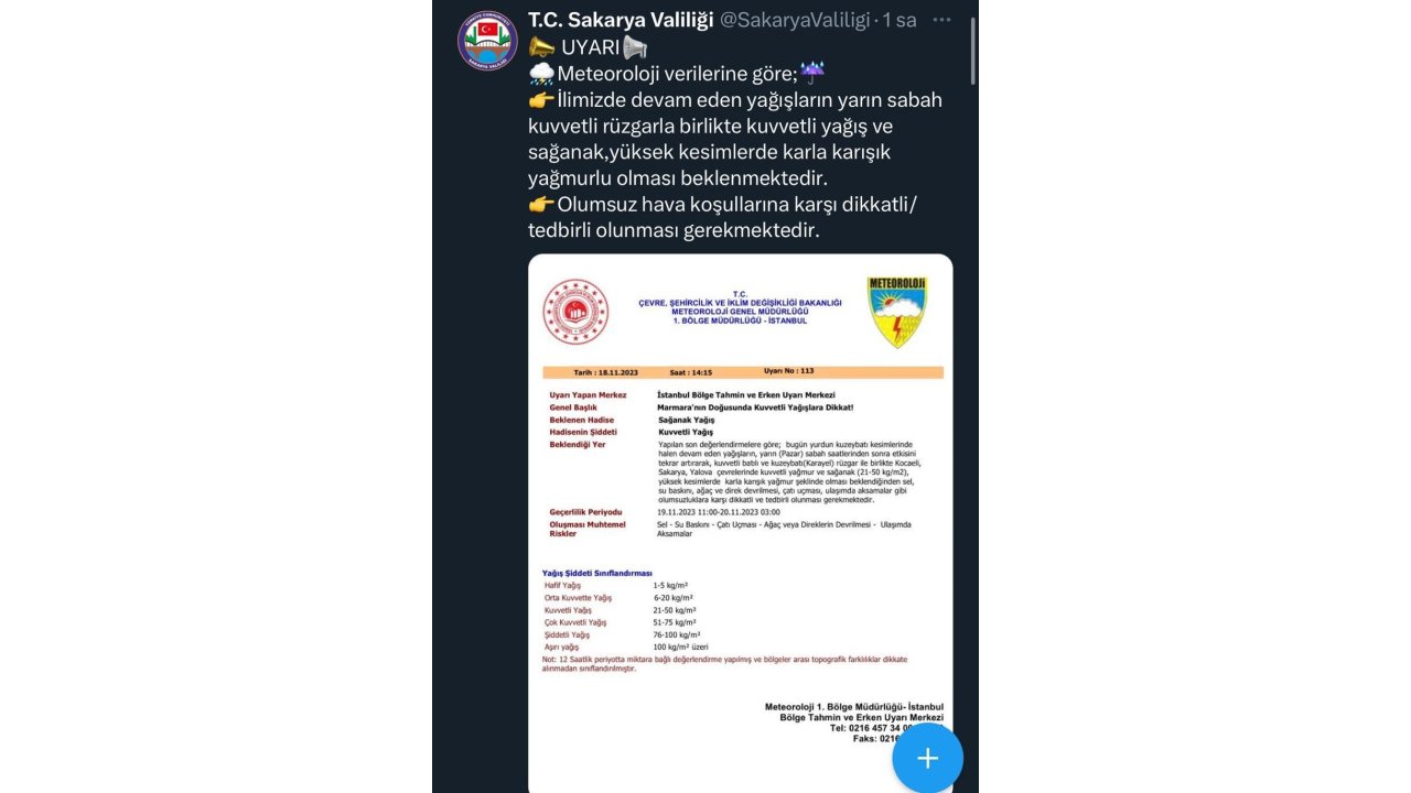 Sakarya’da kar uyarısı