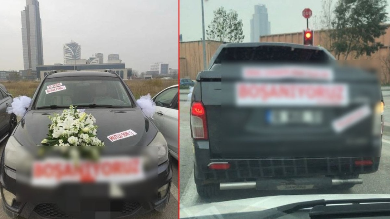 Düğün konvoyuyla boşanmaya gitti! Herkesi şok eden görüntü, otomobilini süsleyip arkasına da bakın ne yazdırdı