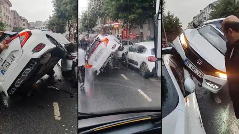 Esenyurt’ta kontrolden çıkan otomobil park halindeki araçların üzerine çıktı