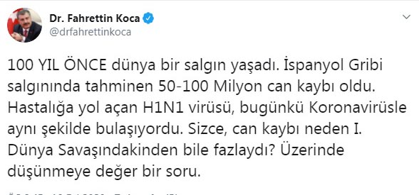 Fahrettin Koca'dan, İspanyol Gribi benzetmesi: Tahminen 50- 100 milyon can kaybı oldu