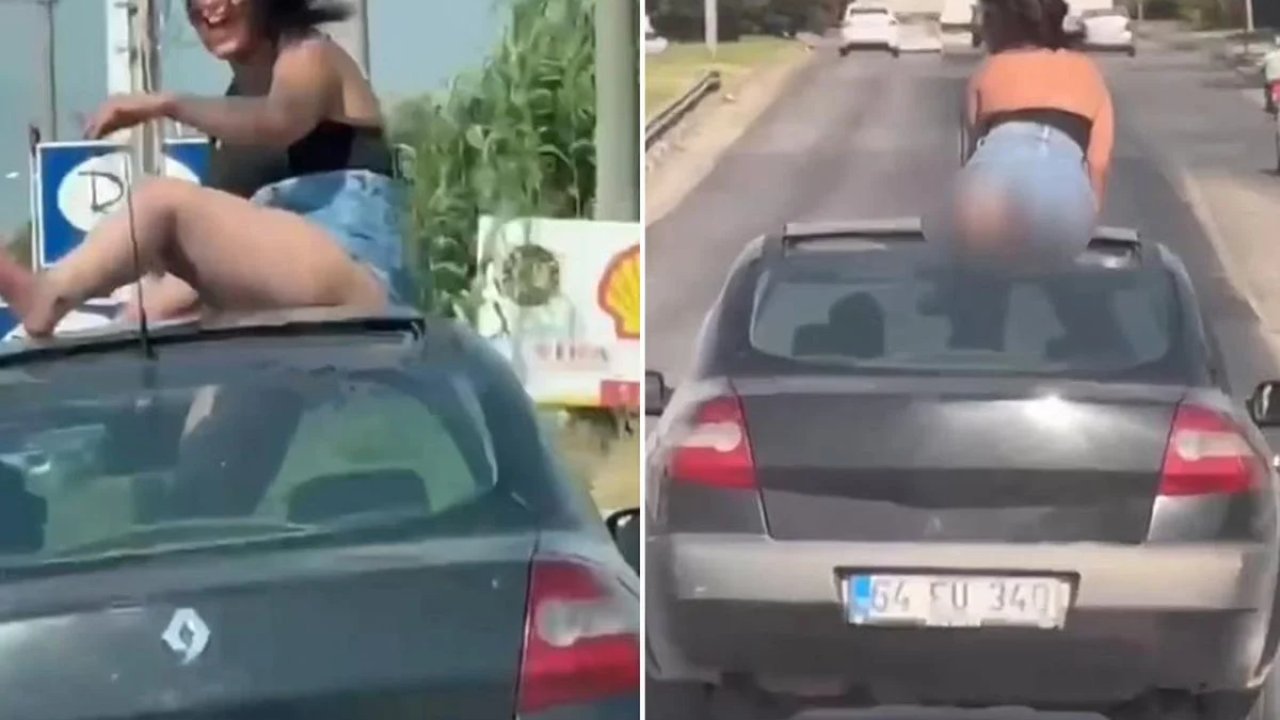 Manisa’da Akılalmaz Görüntü! Otomobilin Tavanında Eteğini Sıyırıp Dans Etti!