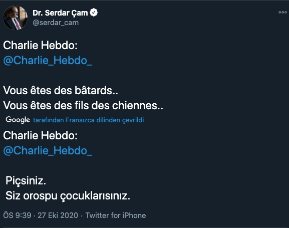 Kültür ve Turizm Bakan Yardımcısı Dr. Serdar Çam’dan Charlie Hebdo dergisine fransızca küfür etti