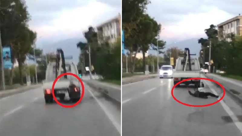 Seyir halindeki kamyonetin kasasına tutunan çocuk ölümden döndü