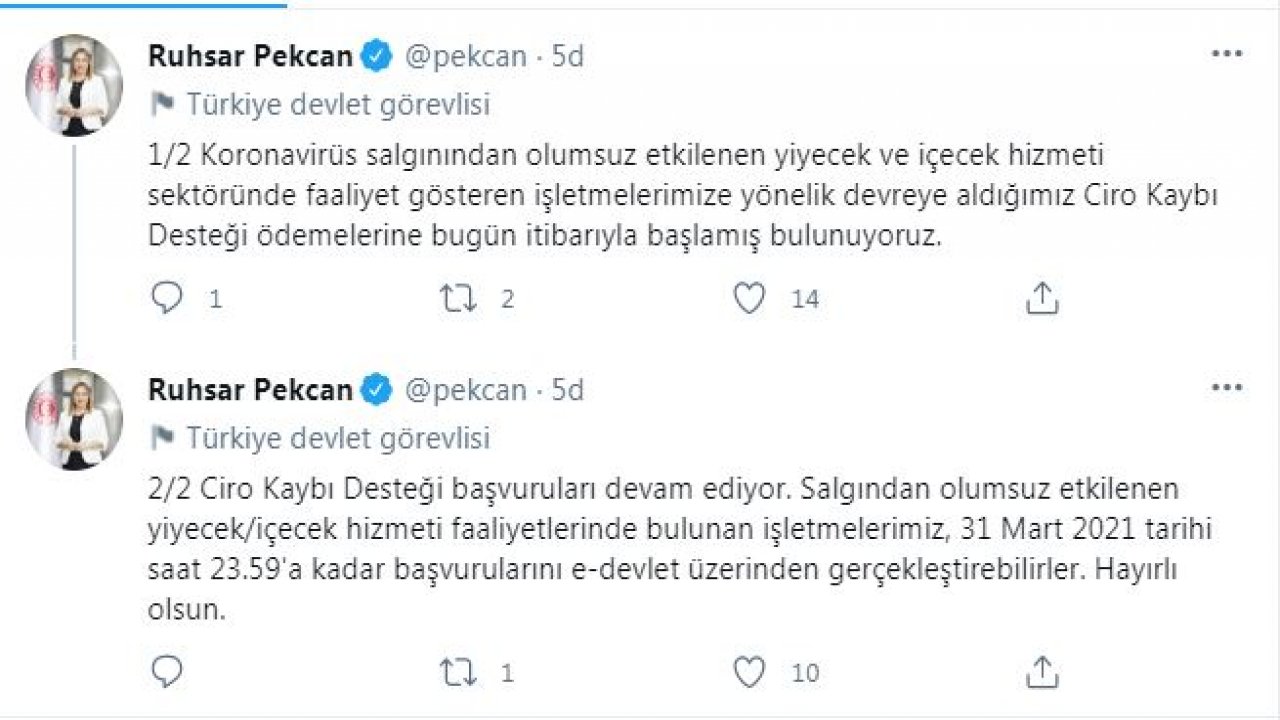 Bakan Pekcan: Ciro Kaybı Desteği ödemelerine bugün başladık