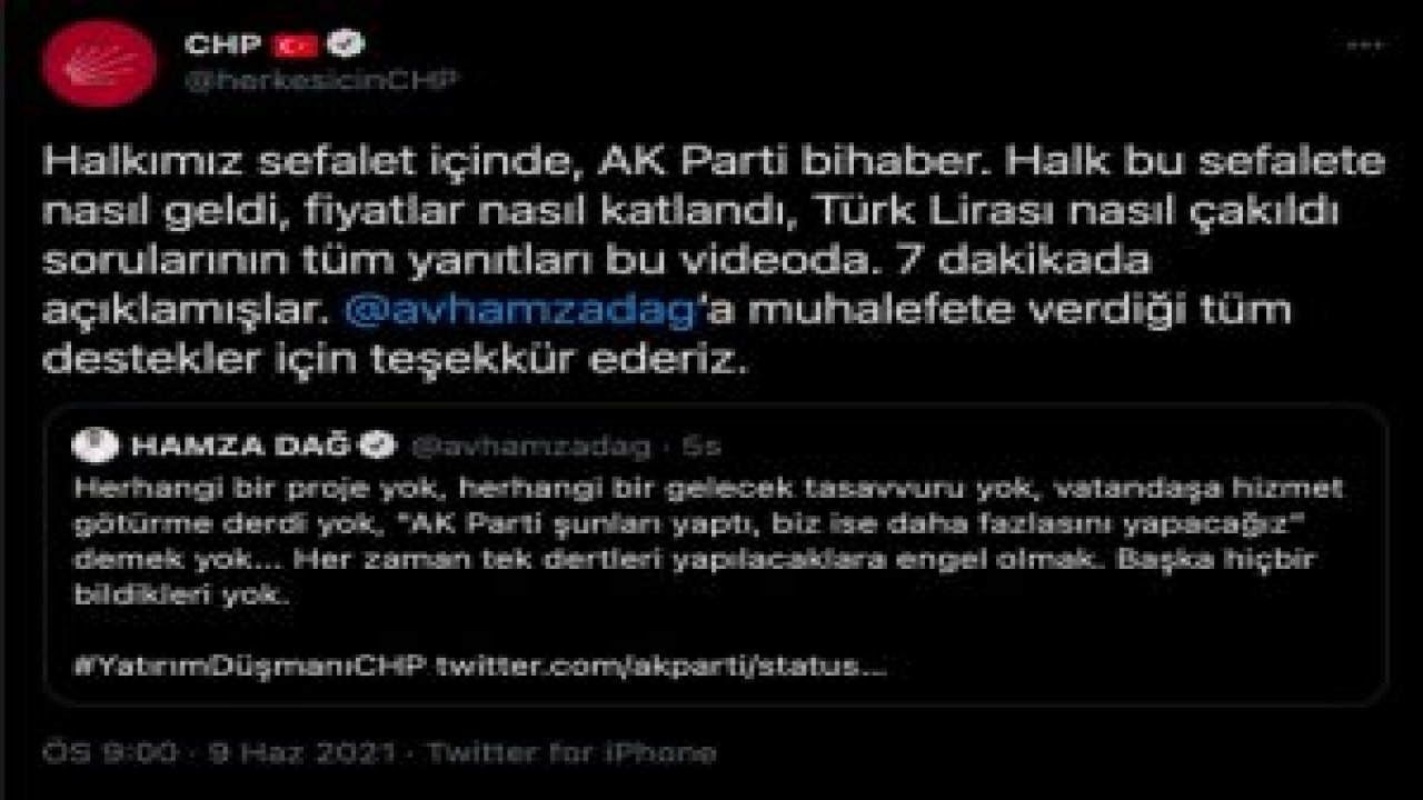 CHP, AKP’li Hamza Dağ’a teşekkür etti