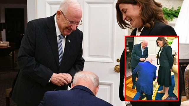 ABD Başkanı Joe Biden'in, İsrail Cumhurbaşkanı Reuven Rivlin önünde diz çöktü.