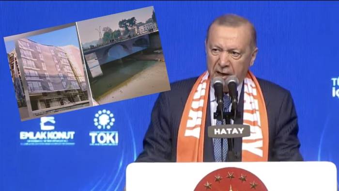 Bitmemiş binalara brandalar, kurutulan nehre su: Hatay’da Erdoğan ziyareti öncesi hummalı hazırlık